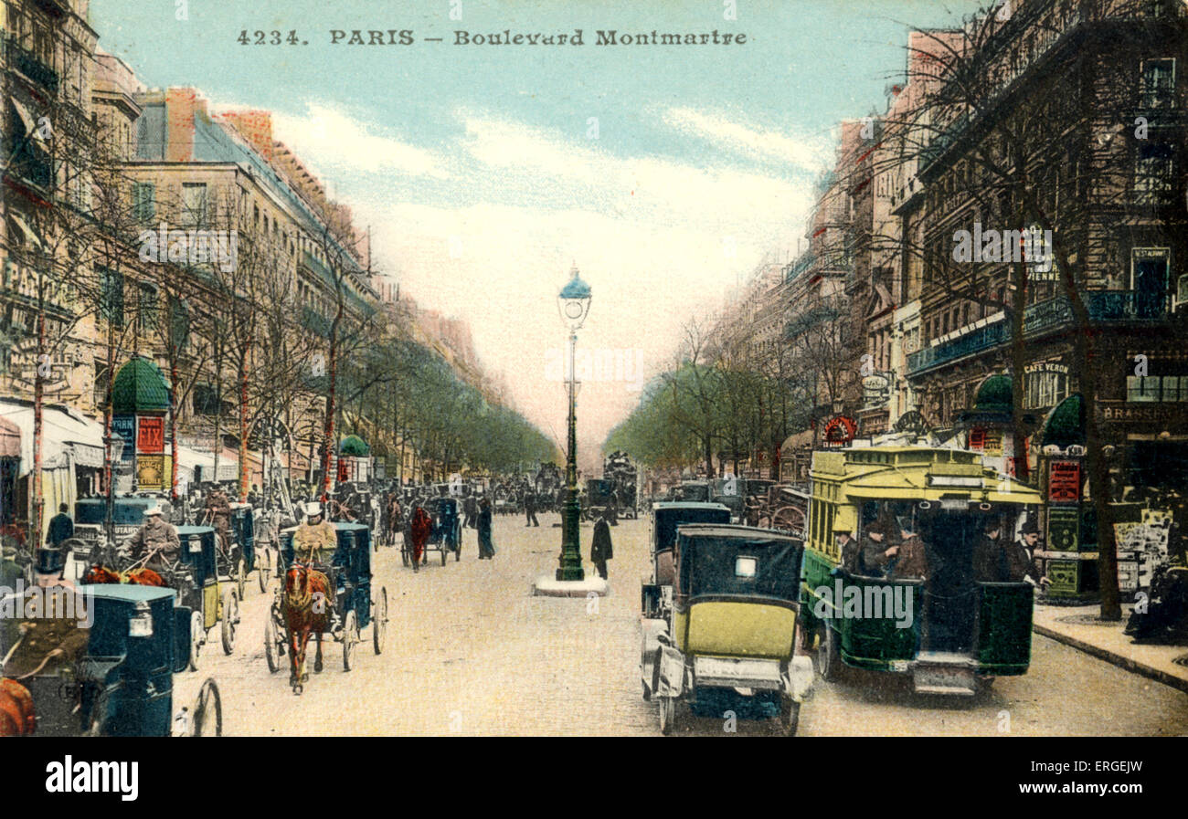 Boulevard Montmartre in Paris. Zum Zeitpunkt, als Eric Satie in diesem Gebiet lebten. Frühe Autos / Kfz. Leben auf der Straße. Alt Stockfoto