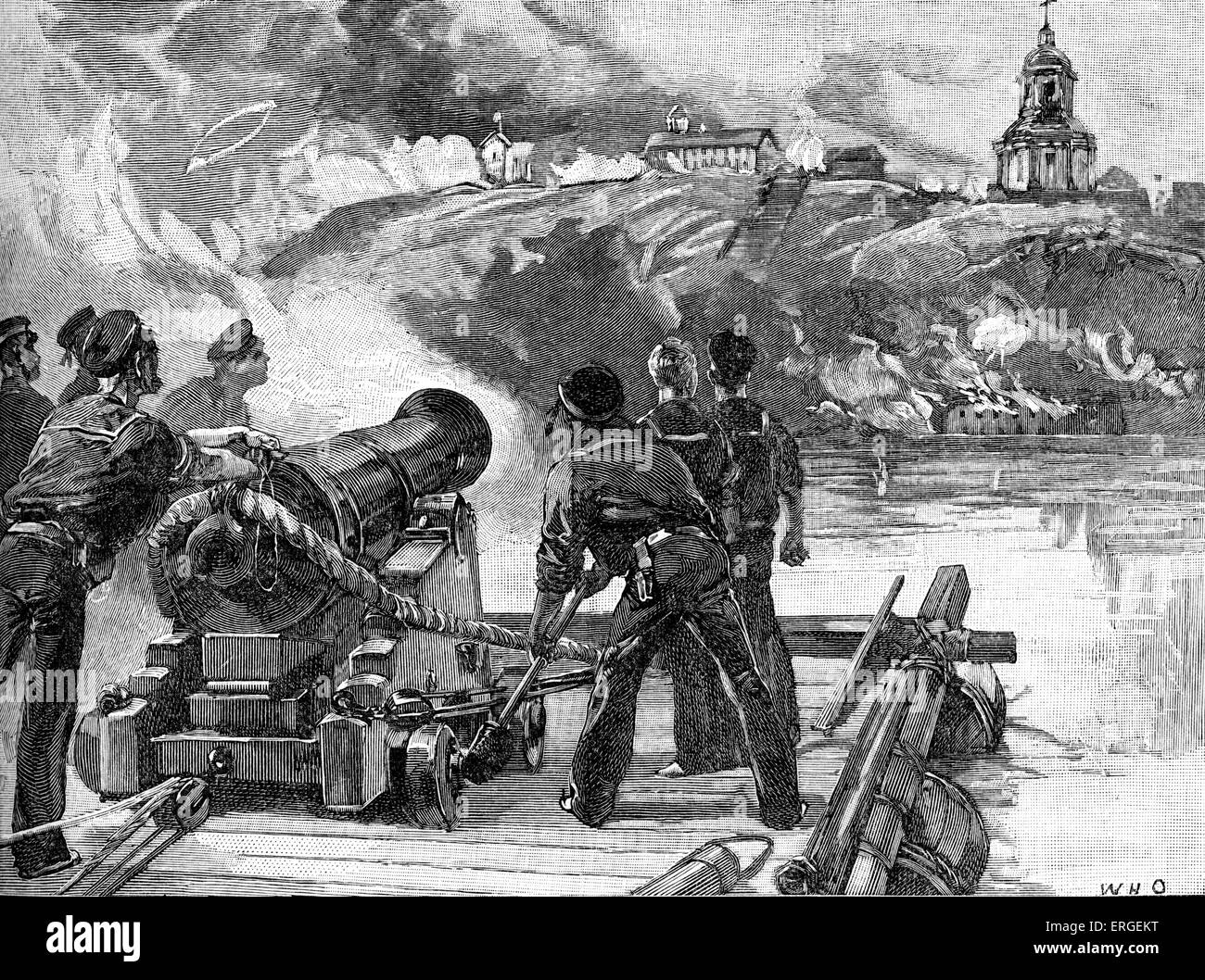Belagerung von Taganrog - während des Krimkrieges (1853 – 1856). Bombardierung von Taganrog aus dem britischen Floß während der ersten Belagerung Stockfoto