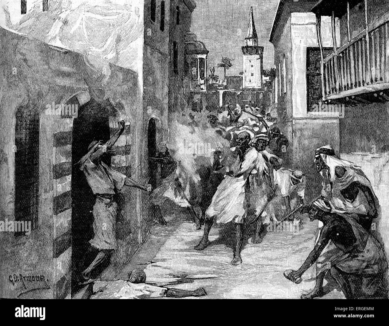 Demonstration gegen Christen in Damaskus, Syrien, 1860. Zwischen 9-11 Juli 1860 Drusen und sunnitische Muslime organisiert Pogrome Stockfoto