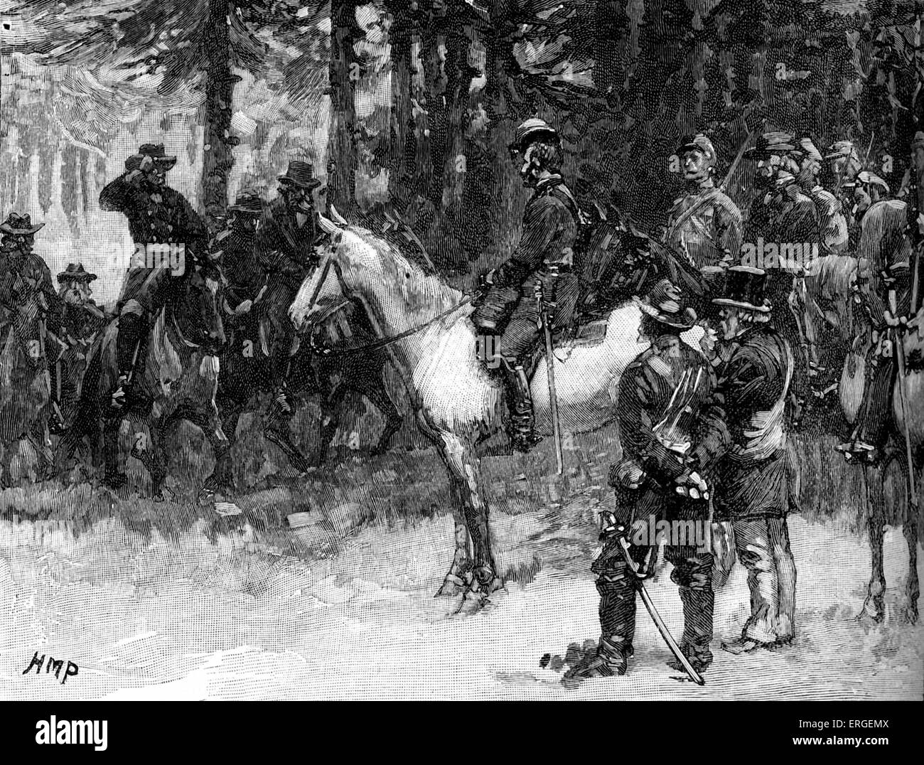 Robert E.Lee und Ulysees S.Grant treffen in der Schlacht von Appomattox Court House, 9. April 1865, während des amerikanischen Bürgerkriegs. Stockfoto