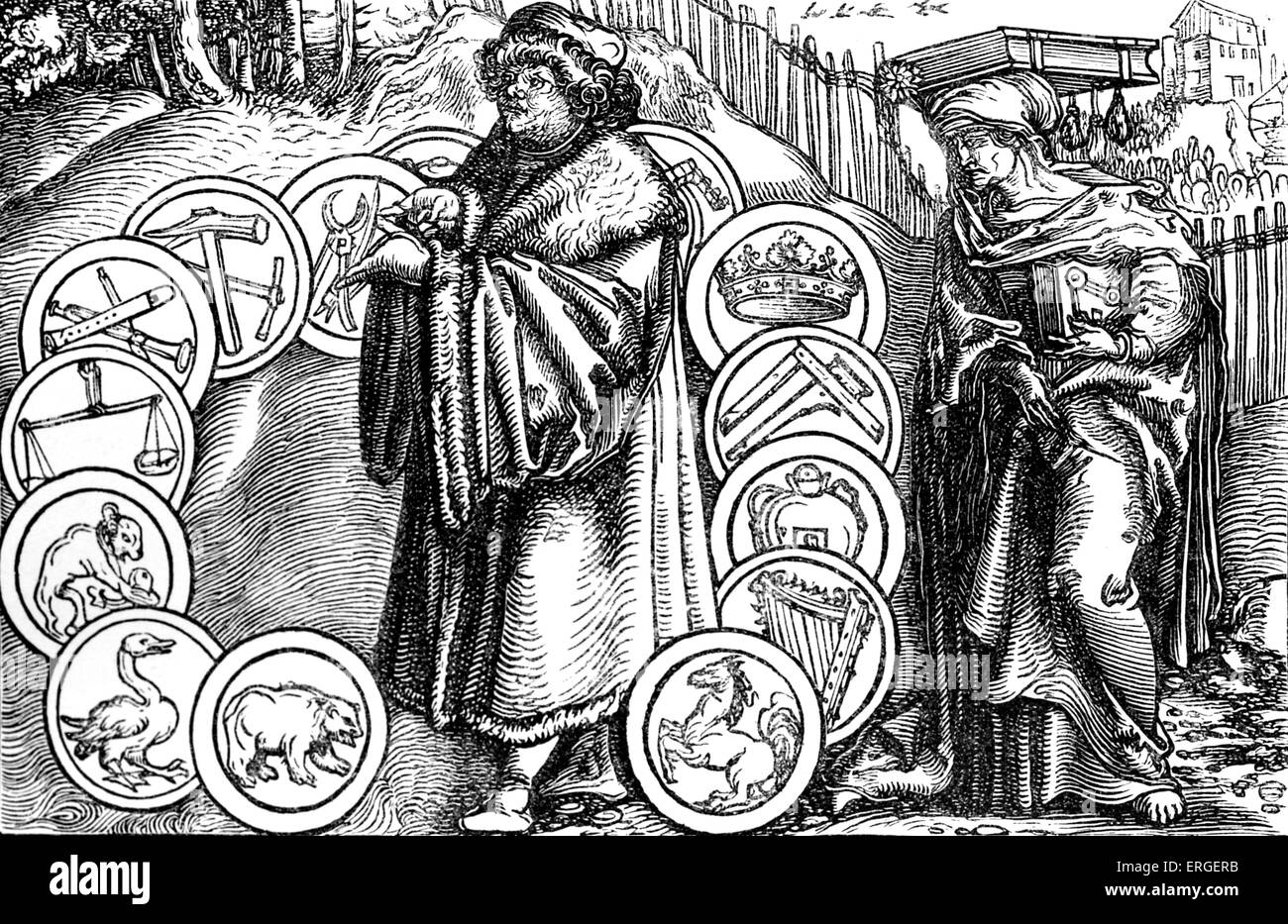 "Die Naturwissenschaften im Beisein von Philosophie". Von Faksimile des Holzstichs zugeschrieben Holbein in deutscher Sprache Stockfoto