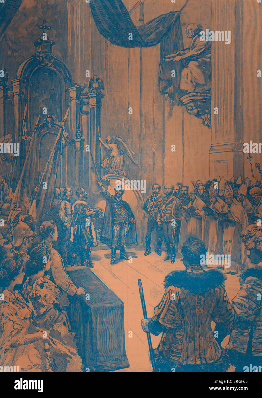 Franz Josef I Krönung zum König von Ungarn, 1866.   Kaiser von Österreich, König von Böhmen, König von Kroatien, Apostolischer König von Stockfoto
