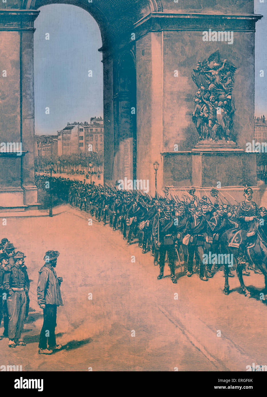 Franco - preussischen Krieg: Preußische Truppen in Paris, Frankreich, 1870. Unterquerung der Arc de Triomphe während Belagerung von Paris (19 Stockfoto