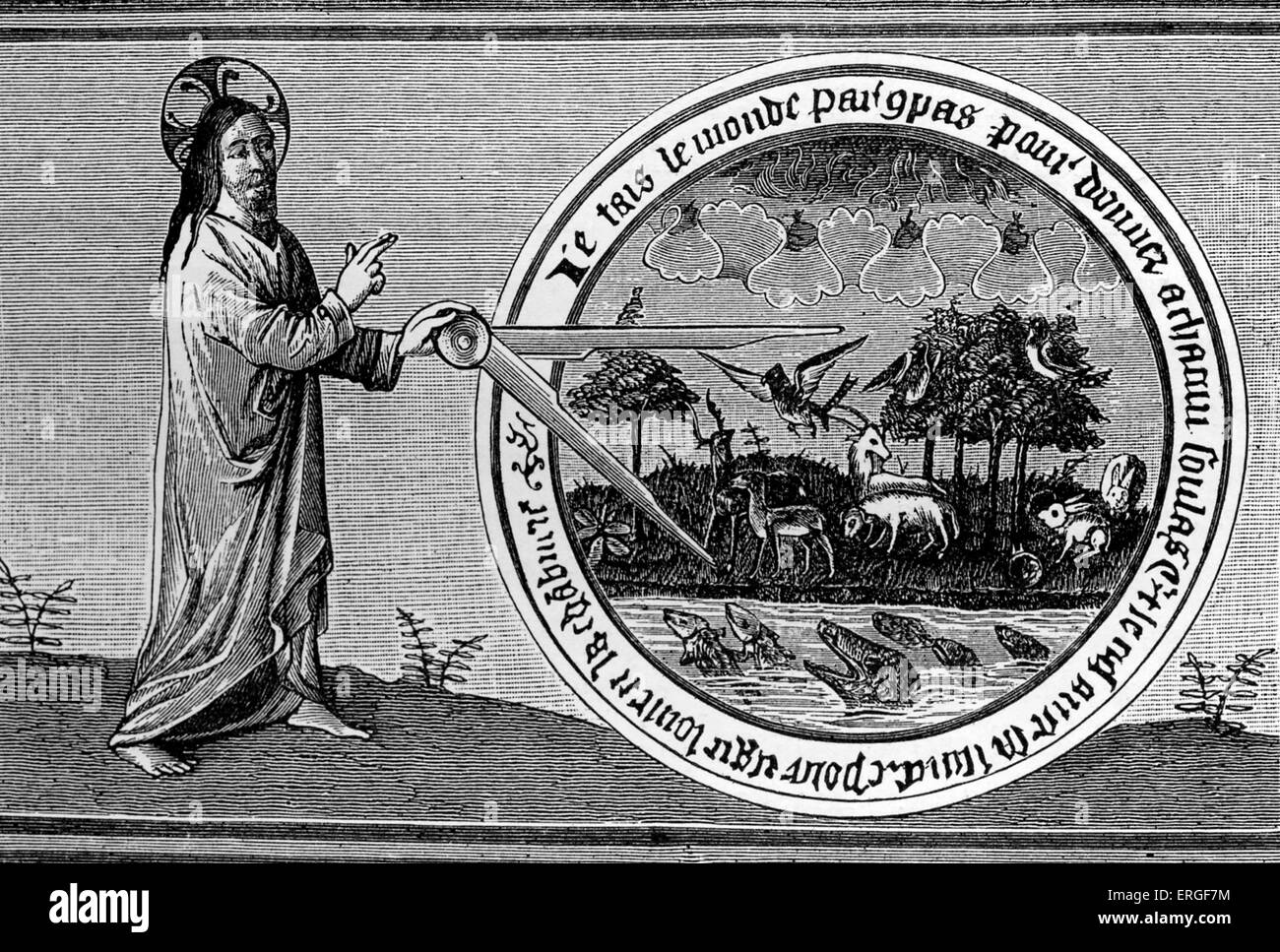 "Gottes Erschaffung der Welt von Compass" - von Miniatur in Brunetto Latinis "Trésor", 15. Jahrhundert. Stockfoto