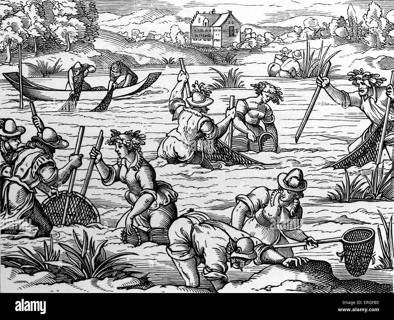 Angeln im Fluss - von Faksimile der Holzschnitt in der lateinischen Ausgabe des Plinius (Gaius Plinius Secundus, der ältere, römischer Autor, Stockfoto