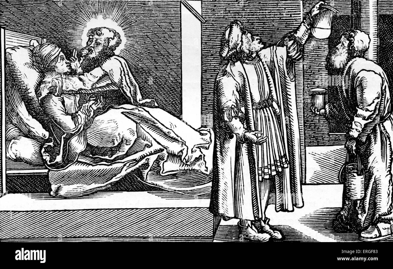 "Heilen durch die Fürsprache des Heiligen Heilung" - von der Reproduktion des Holzstichs zugeschrieben Holbein in der deutschen Stockfoto