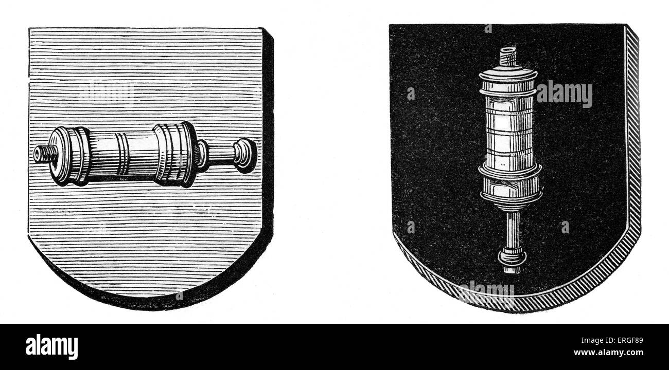 Apotheker Wappen. Links: Banner von den Apothekern St. Lo. Rechts: Banner von den Apothekern von Caen. Französisch. Stockfoto