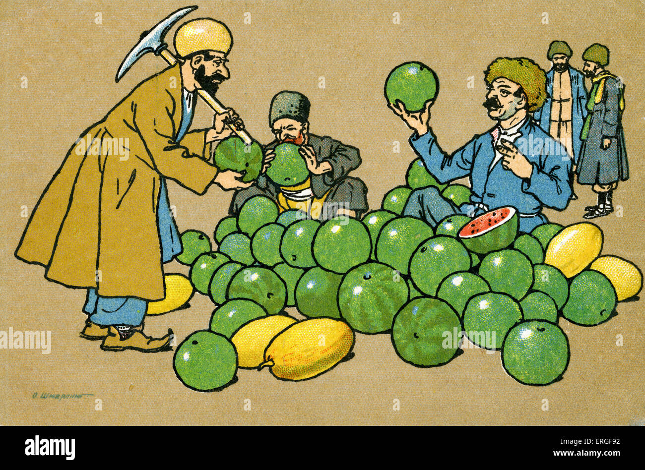 Alten Tiflis: Wassermelone Verkäufer. Anfang des 20. Jahrhunderts russischen Postkarte. Tiflis, Hauptstadt von Georgia (moderner Tag Tbilisi). Stockfoto