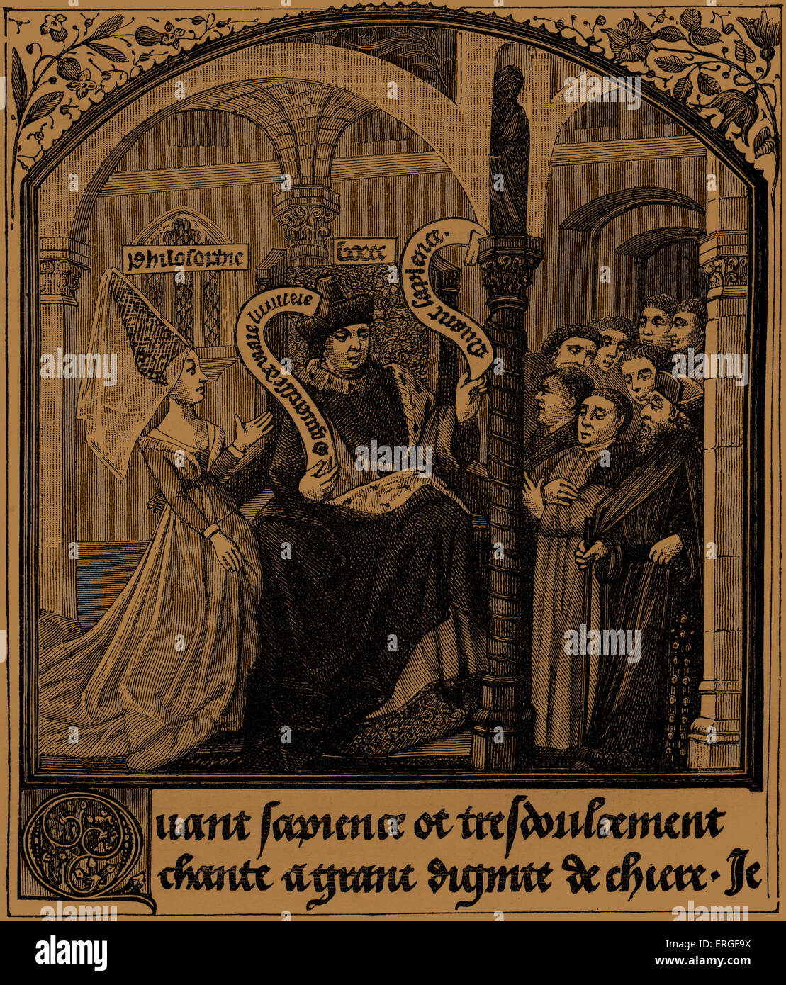 Boethius nimmt Counsel der Dame Philosophie. Allegorie von Miniatur der "Trost der Boethius', übersetzt von Jean de Meung in Handschrift des 15. Jahrhunderts (Bibliothek des M. Ambroise Firmin - Didot). B: Anicius Manlius Severinus Boëthius, Rom-Philosoph der frühen 6. Jahrhundert, ca. 480 – 524 oder 525 n. Chr. geboren. Stockfoto