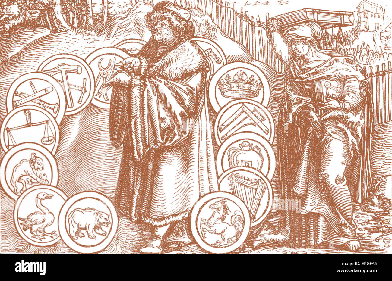 "Die Naturwissenschaften im Beisein von Philosophie". Von Faksimile des Holzstichs zugeschrieben Holbein in deutscher Sprache Stockfoto