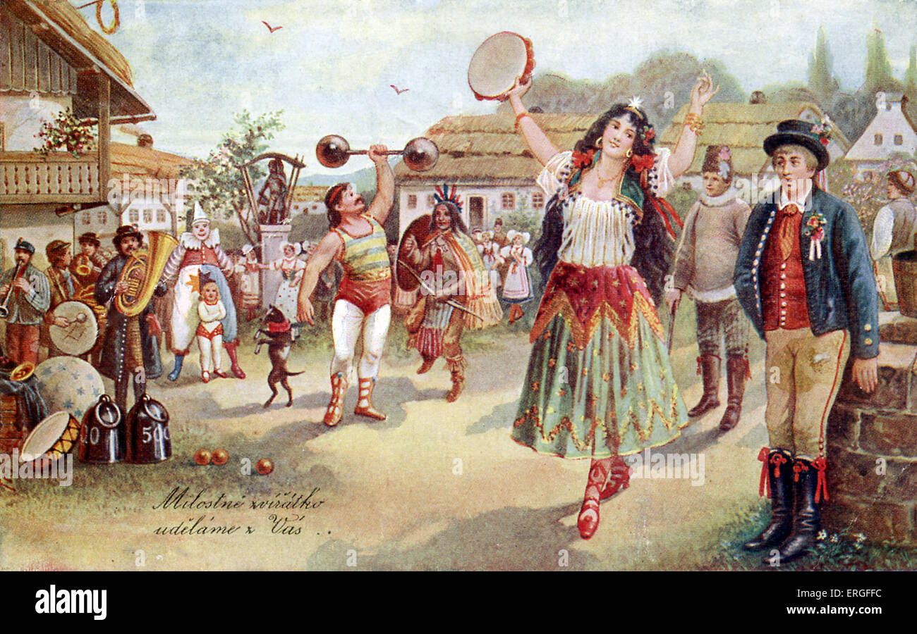 "Frauen lieben mich" Tschechische Postkarte mit Zirkusszene, c. 1908