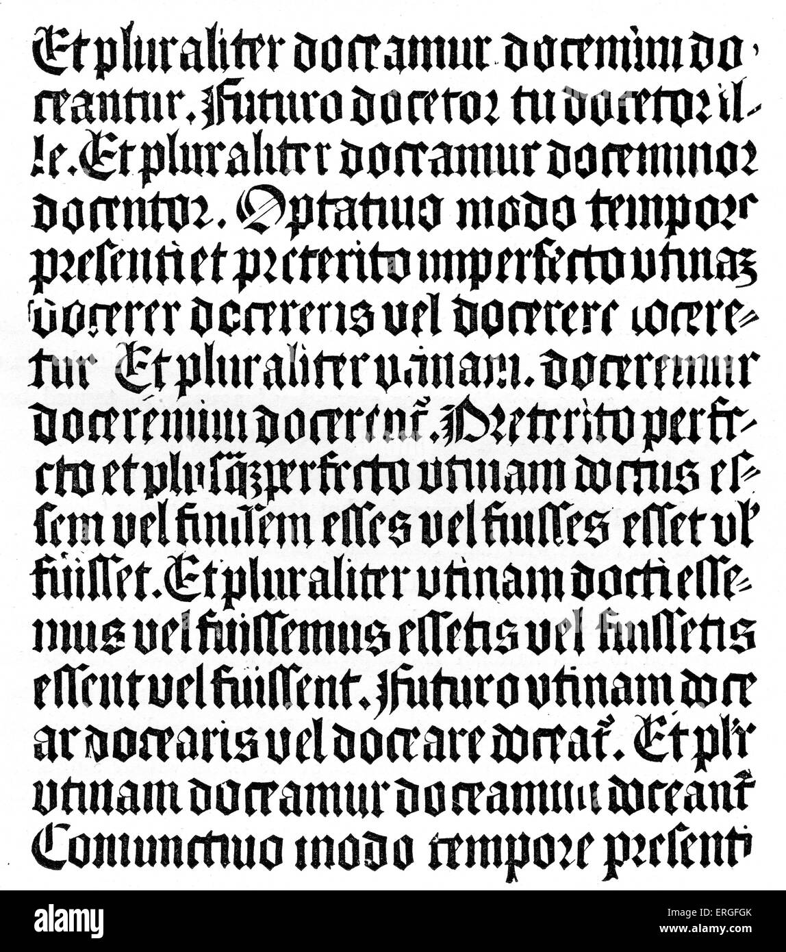 "Grammaire Latine" von Aelius Donatus, 4. Jahrhundert Grammatiker. Reproduktion des Holzstichs der xylographical Ausgabe, veröffentlicht durch Johannes Gutenberg in Mainz. Stockfoto