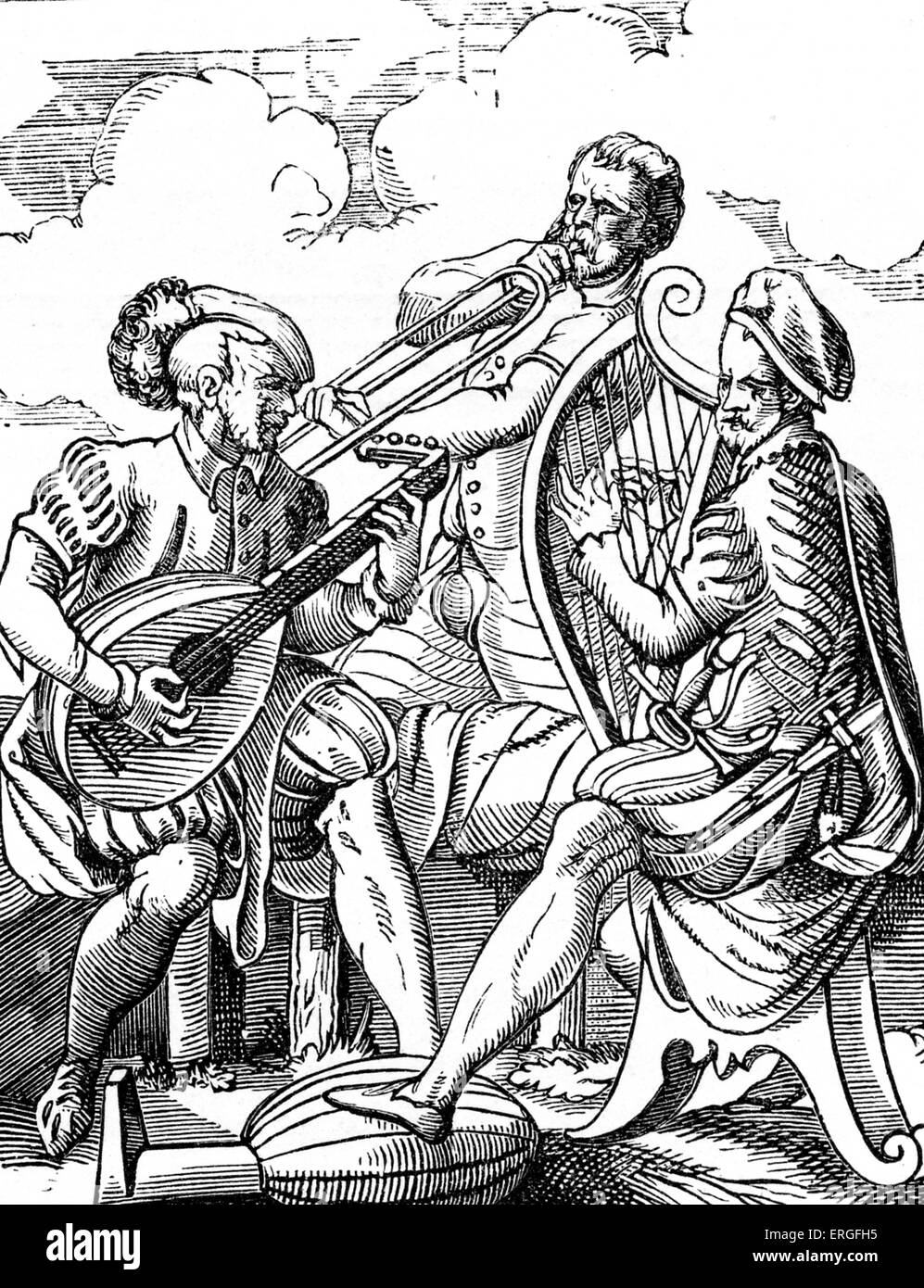 Deutsche Musiker spielen laute und Gitarre - von Kupferstich von J Amman, 16. Jahrhundert. Stockfoto