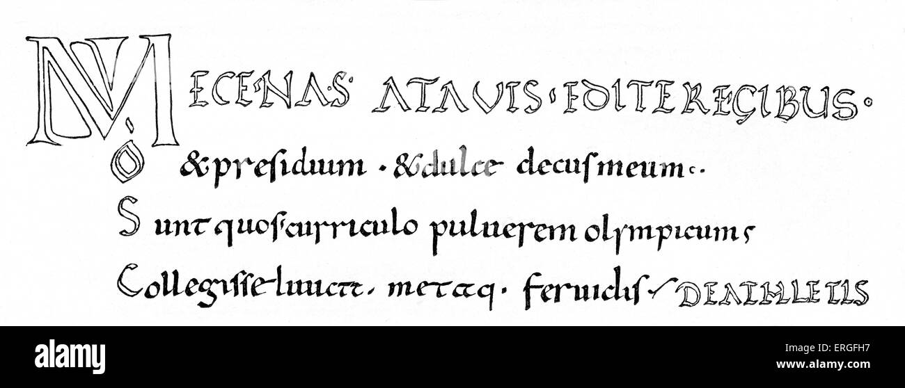 'Ode an die Maecenas' - Gedicht von Horaz. Fragment in Handschrift des 10. Jahrhunderts. H: Quintus Horatius Flaccus, führenden römischen lyric Stockfoto