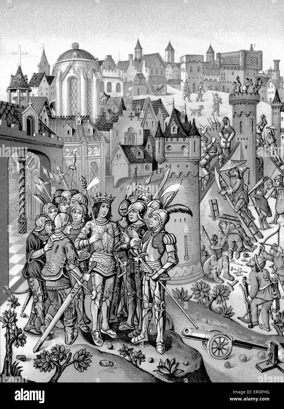 Burgunder unter Charles VI verteidigen eine Stadt unter Belagerung - von Miniatur in Monstrelets Chroniken, Paris, um 1500. CVI: König Stockfoto