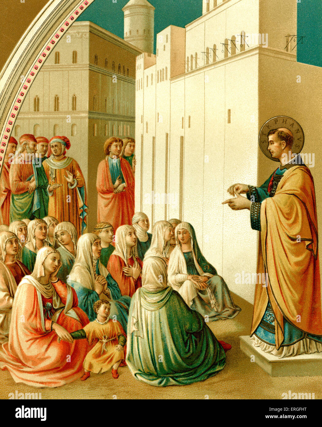 St. Stephen predigen - aus Fresko Gemälde von Fra Angelico in der Kapelle von Nicholas V, im Vatikan, Italien. 15. Jahrhundert. Stockfoto