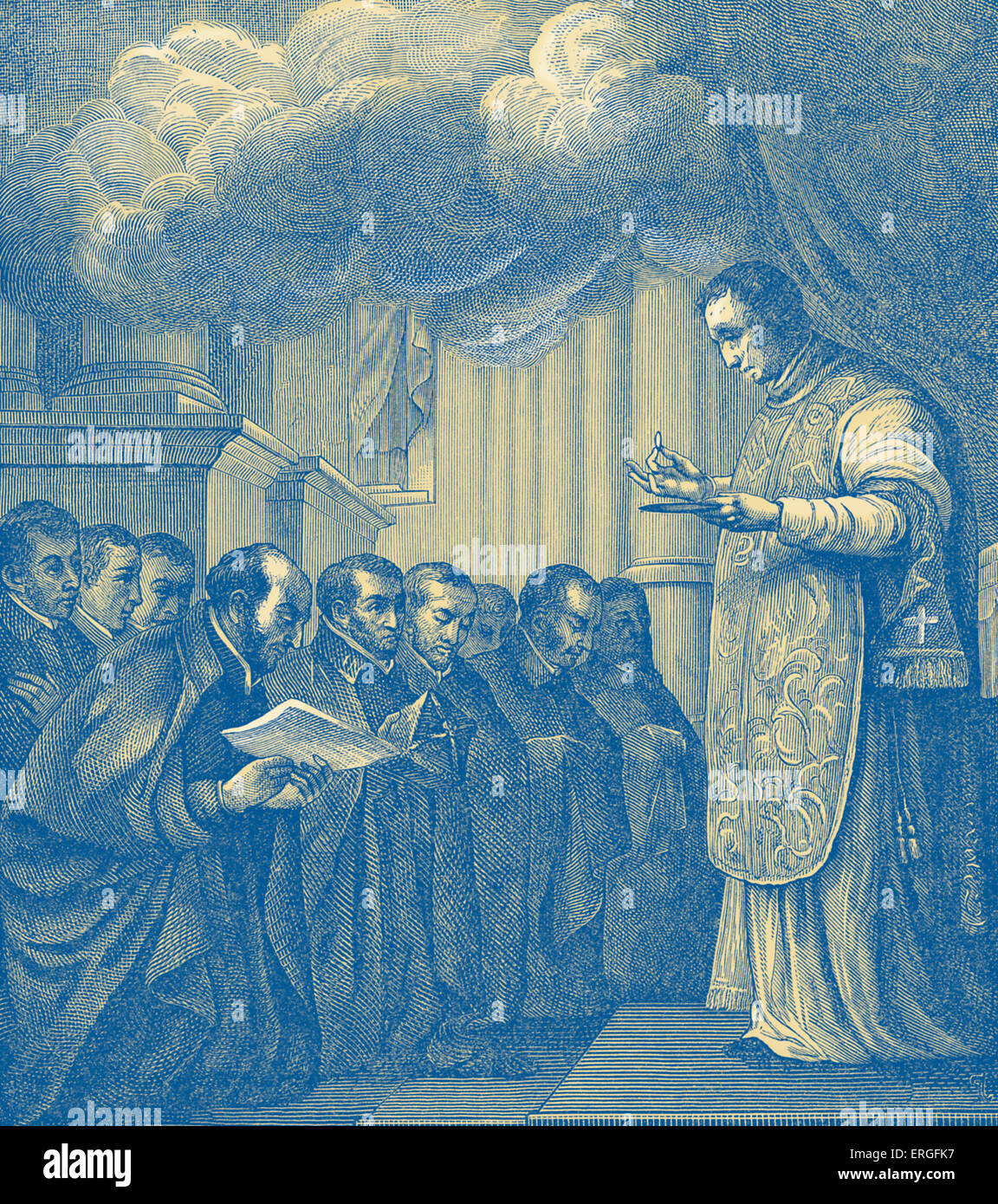 Gelübde der ersten Gefährten von Str. Ignatius in der Kirche von Montmartre auf den Tag der Annahme "(1534). Vater Pierre Lefèvre sagt Mass. Aus Bild von Schule von Simon Vouet (17. Jahrhundert), in der Schule St. Geneviève in Paris. Stockfoto