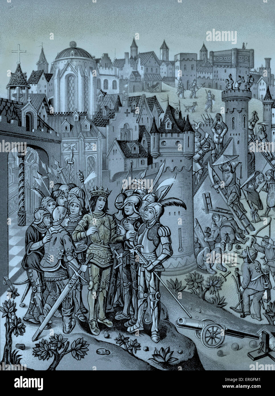 Burgunder unter Charles VI verteidigen eine Stadt unter Belagerung - von Miniatur in Monstrelets Chroniken, Paris, um 1500. CVI: König Stockfoto