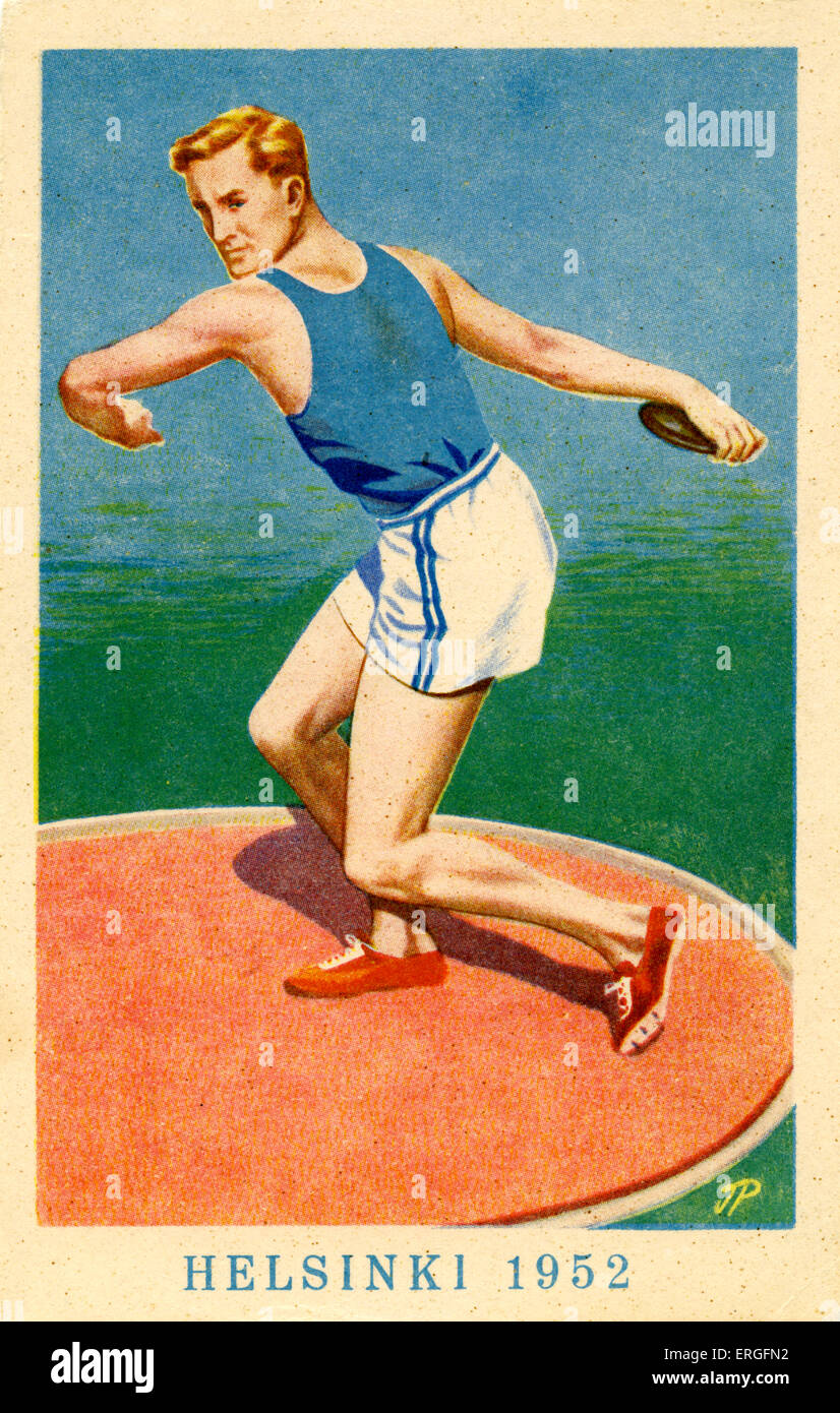 Olympiade 1952 Helsinki, Finnland. Poster der Diskuswurf. Stockfoto