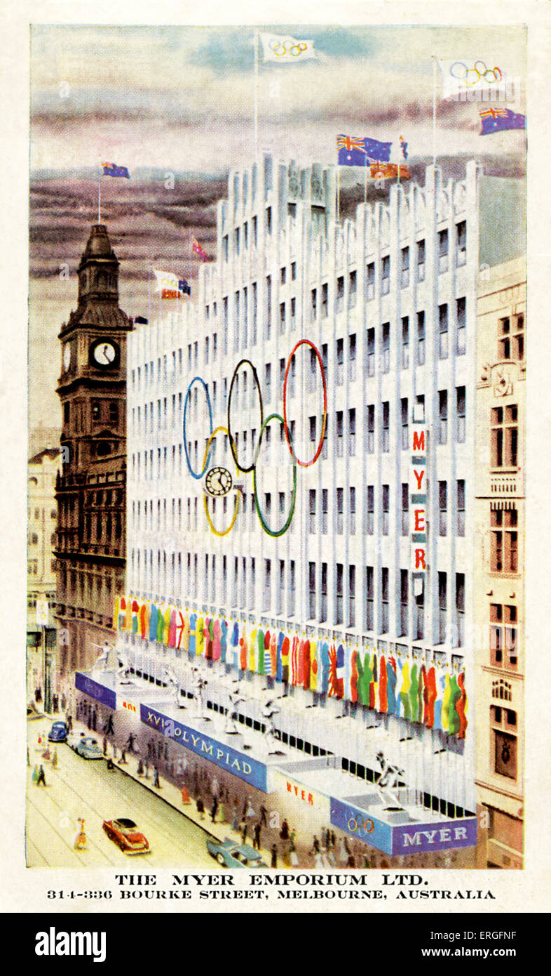 Olympiade 1956 Melbourne Australien. Myer Emporium mit Olympischen Symbols Vernetzung Ringe im Vordergrund des Kaufhauses. Stockfoto