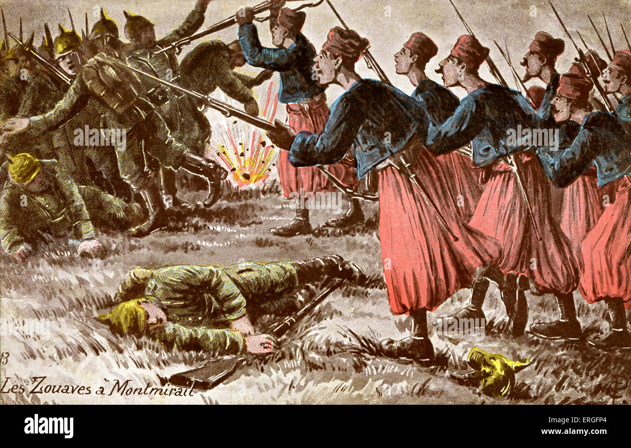 Zouave bei Montmirail an der Westfront im 1. Weltkrieg. Deutsche Soldaten kämpfen. Leichte Infanterie-Regimenter in der französischen Armee, die normalerweise in Französisch-Nordafrika von 1831 bis 1962 tätig. Stockfoto