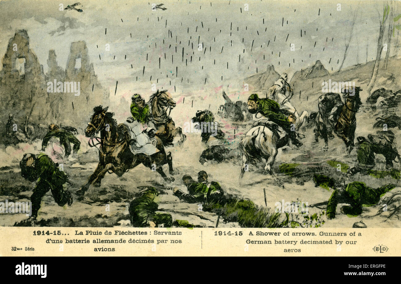 Deutsche "Gunners" von französische Flugzeuge angegriffen, während Weltkrieges 1 Schlacht. 1914 - 1915. Bildtext: "eine Dusche der Pfeile" / "La Pluie de Stockfoto