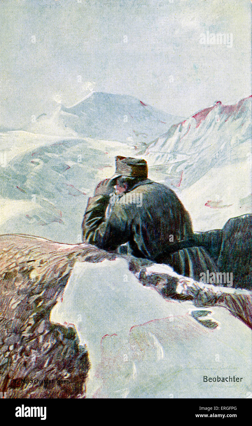 Deutsche Beobachter im Schnee, während Weltkrieg I. Postkarte des Deutschen Roten Kreuzes "Kriegsfürsorgeamt". Stockfoto