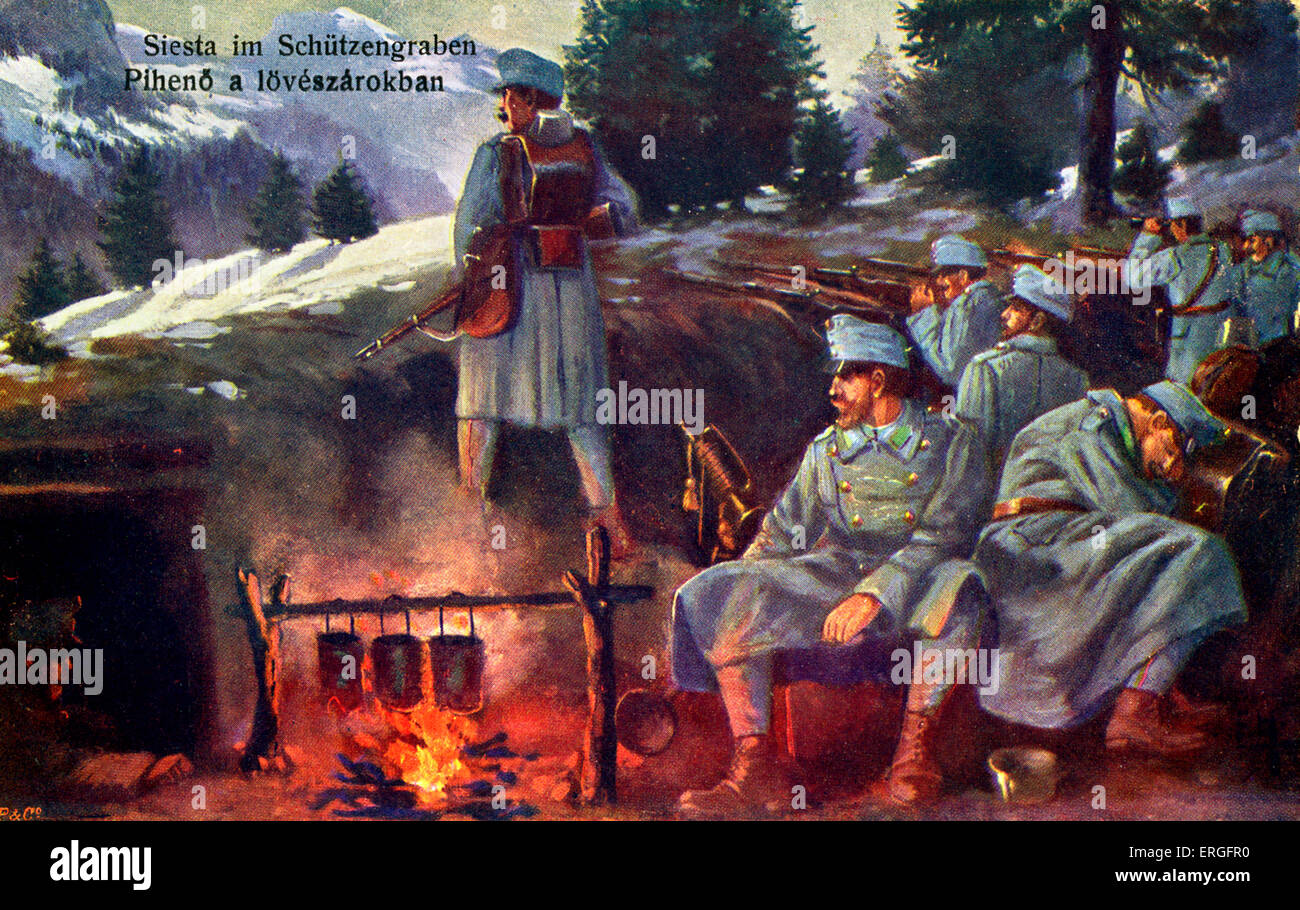 "Siesta in einem Graben", 1915. Während des 1. Weltkrieges. (Deutsch: "Siesta im Schützengraben. Ungarisch: "Piheno ein Loveszarokban'.) Stockfoto