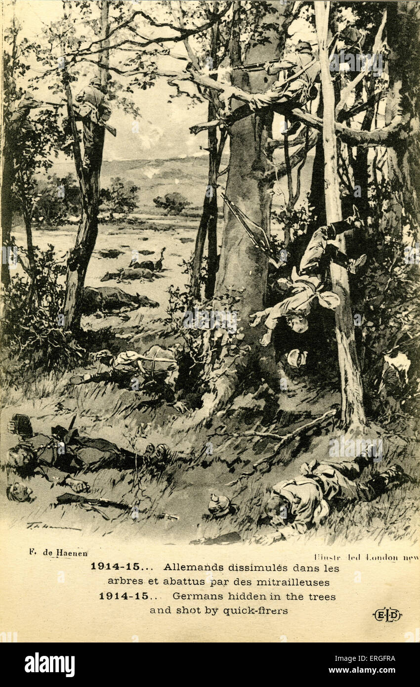 Deutsche Soldaten versteckt in den Bäumen Abschuss von französischen schnell feuernden Kanonen, 1914-1915 während Erster Weltkrieg I. Illustration von Stockfoto