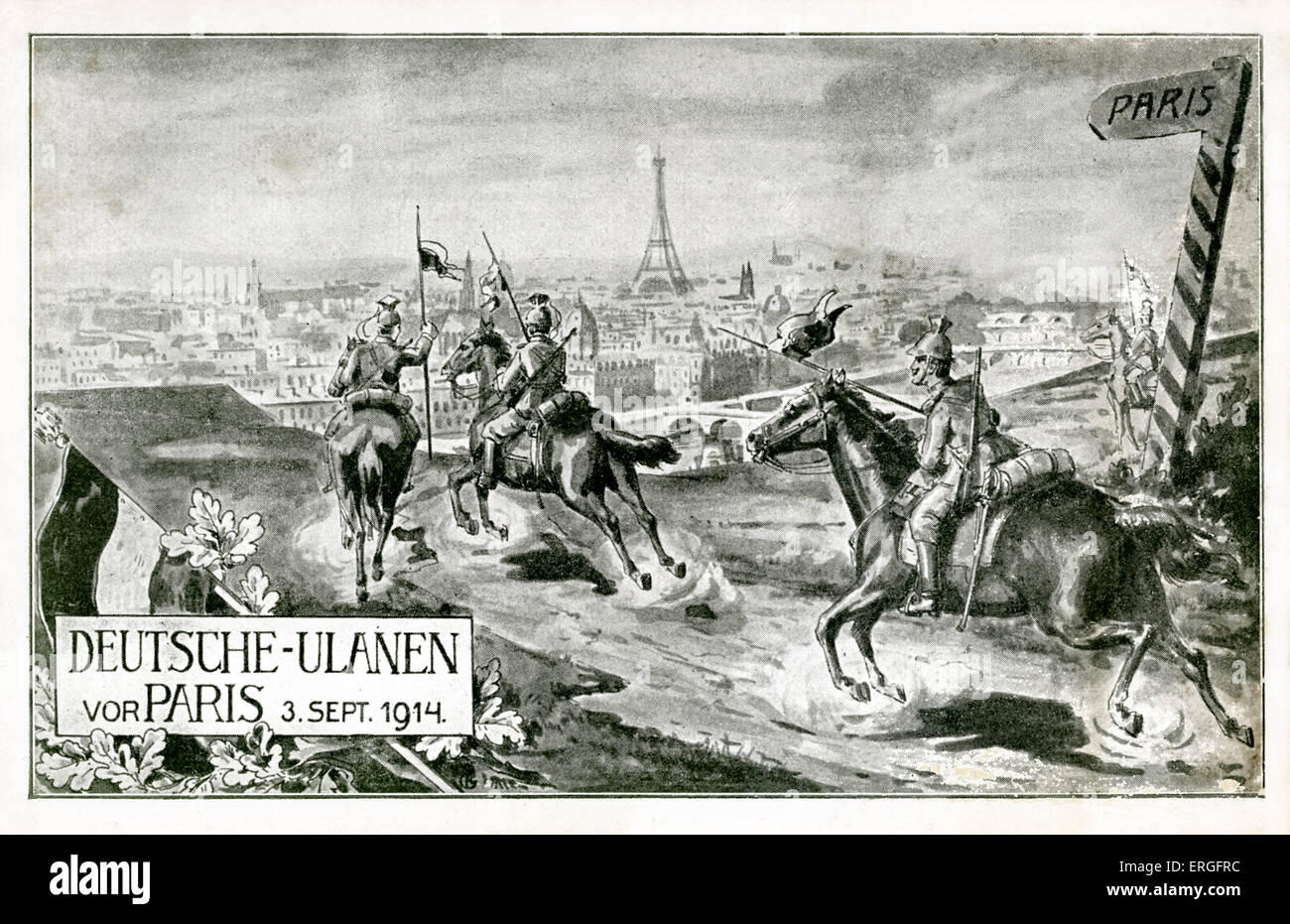 Deutsche Ulanen am Stadtrand von Paris, sabres 3. September 1914, während Weltkrieg I. polnische leichte Kavallerie mit Lanzen bewaffnet, Stockfoto