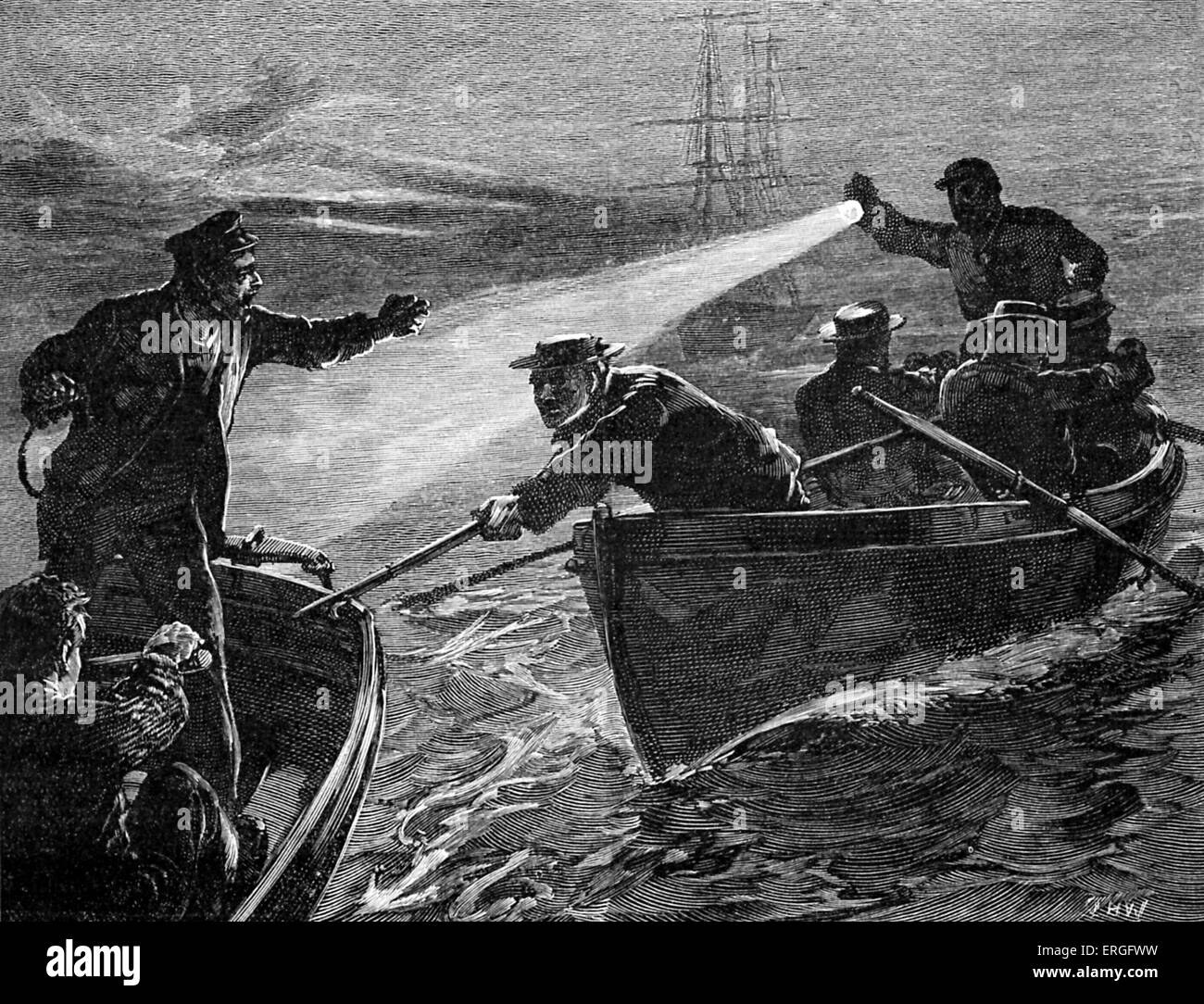 Verhaftung von Matrosen der CSS Shenandoah im Hafen von Melbourne, Australien. Amerikanisches Schiff. 18. Januar 1865, akzeptiert Schiff Stockfoto