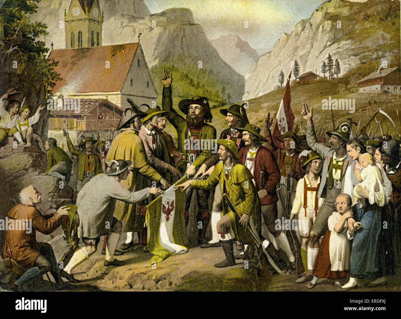 Kampf für die Unabhängigkeit der Tiroler gegen die bayerische Herrschaft und Napoleon - Andreas Hofer macht einen Eid. Von der Malerei von 1809. Stockfoto