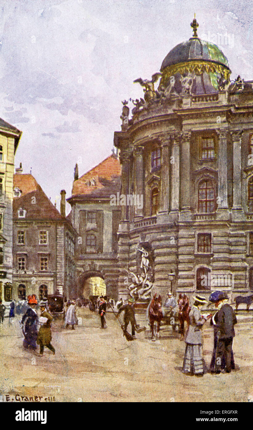Michaelerplatz, Wien, Österreich. Quadrat neben der St. Michael Kirche (Michaelskirche). Von E. Graner, 1910. Stockfoto
