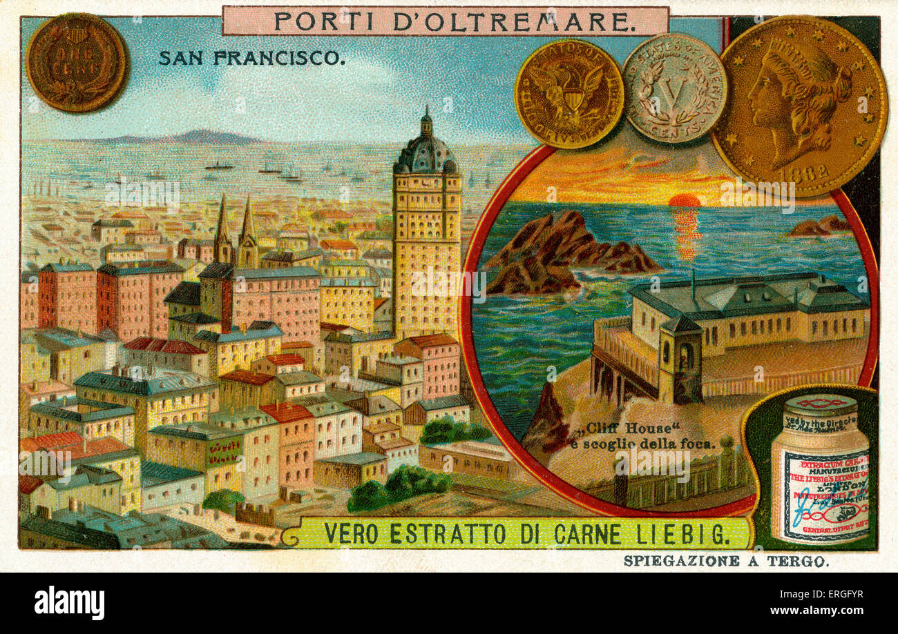 Übersee, Hafen: San Francisco, USA, 1909. Mit "Cliff House" auf rechten Seite.  Liebig Fleisch Extrakt Sammelkartenspiel. Stockfoto