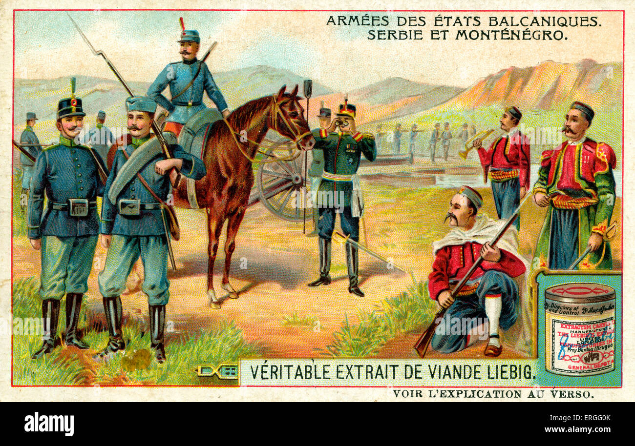 Armeen der Balkan-Staaten: Serbien und Montenegro. 1910 (Französisch: Armées des États Balcaniques: Serbie et Monténégro).  Liebig Stockfoto