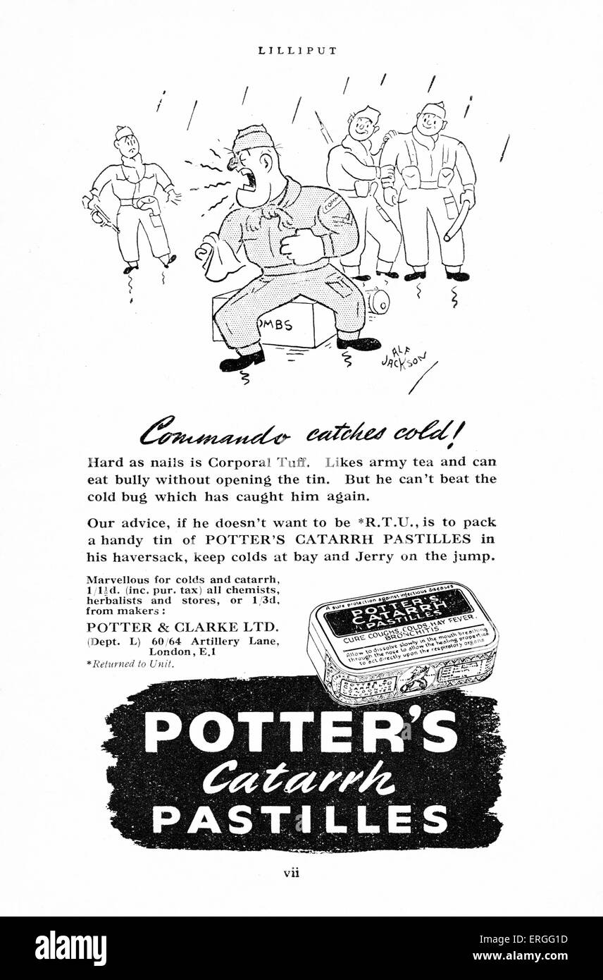 Potters Katarrh Pastillen - 2. Weltkrieg-Werbung, 1942.  Bildunterschrift: "Commando Fänge Kälte". Hergestellt von Potter und Stockfoto