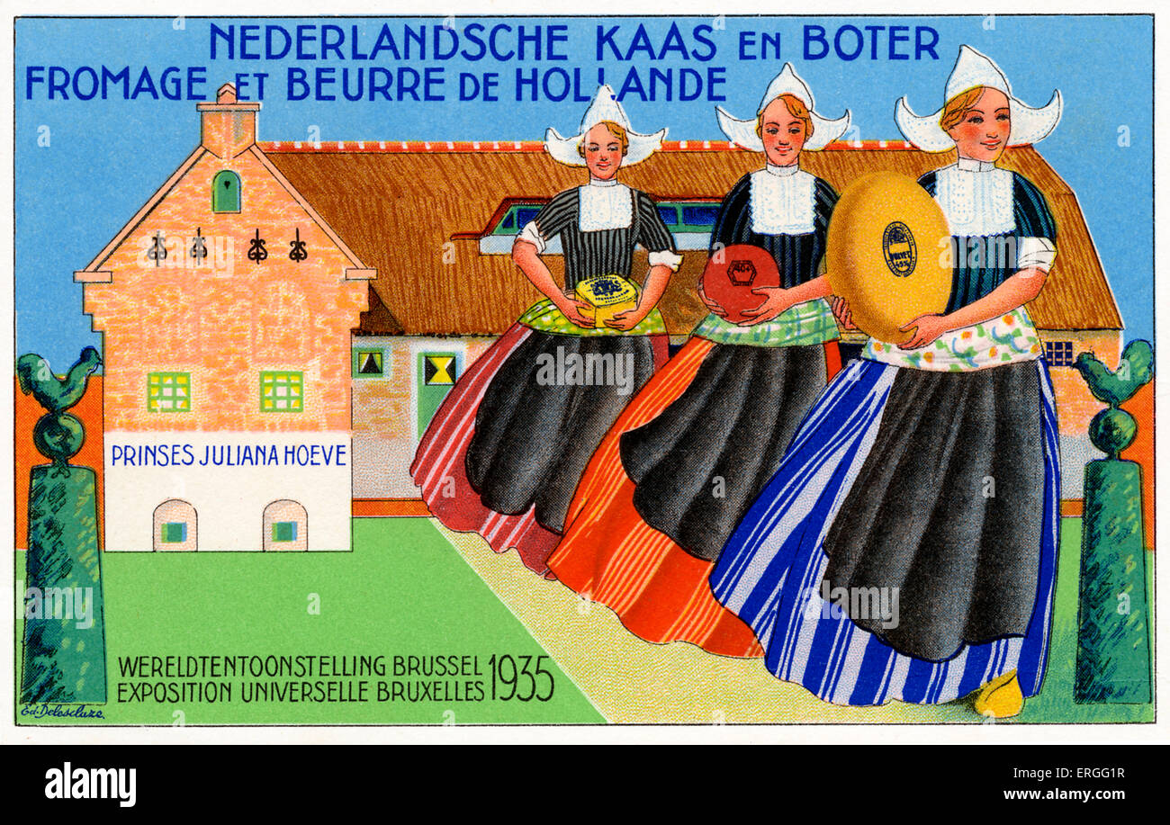 Holländischen Käse und Butter - Juliane Hoeve Werbung für Brüssel Welt Fair 1935. Bildunterschrift: "Nederlands Kaas de Boter / Fromage Stockfoto