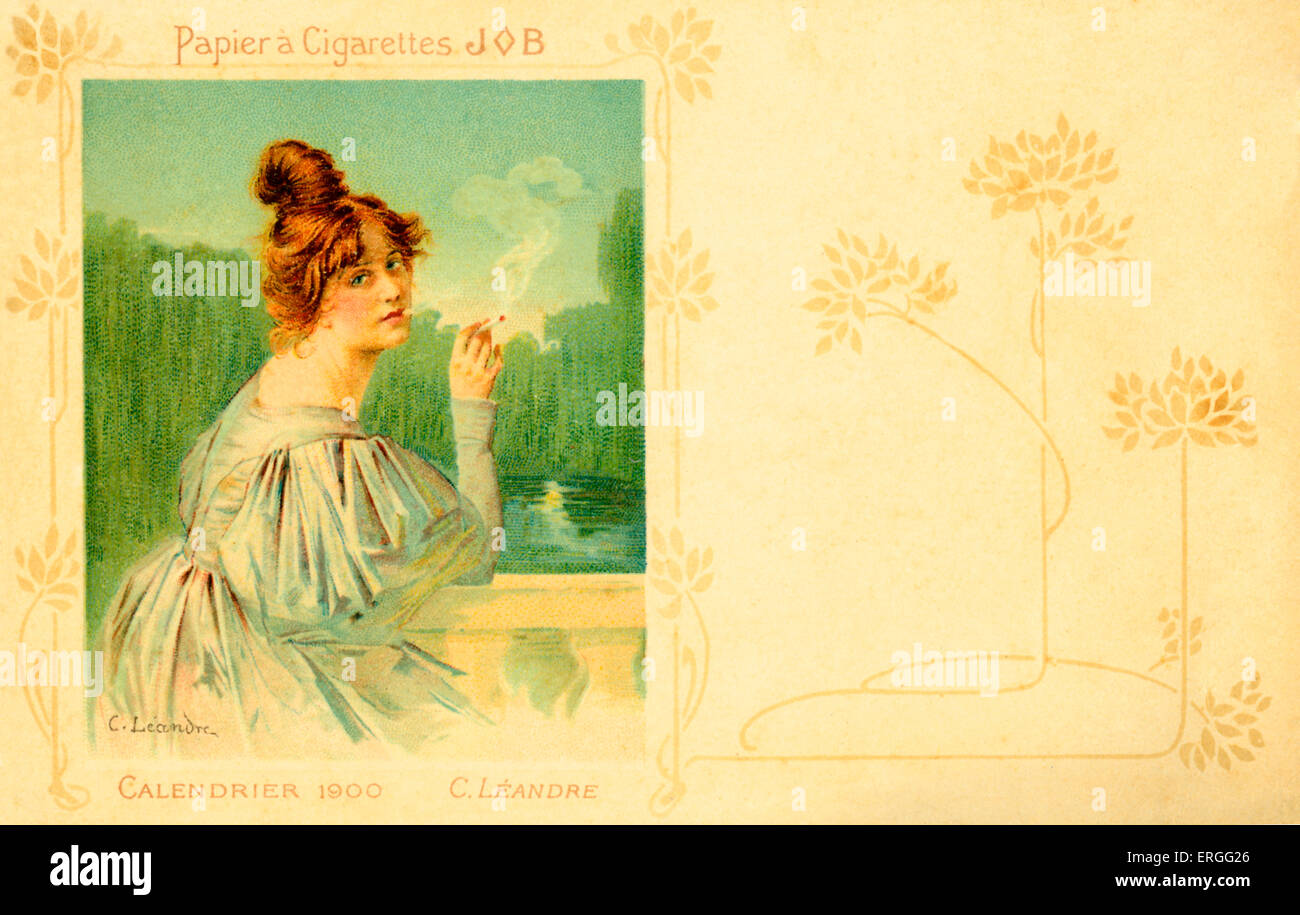 Collection-Auftrag - 1900 Kalender von C. Leandre. Ende des 19. Jahrhunderts französische Werbung für Zigarettenpapiere. Stockfoto