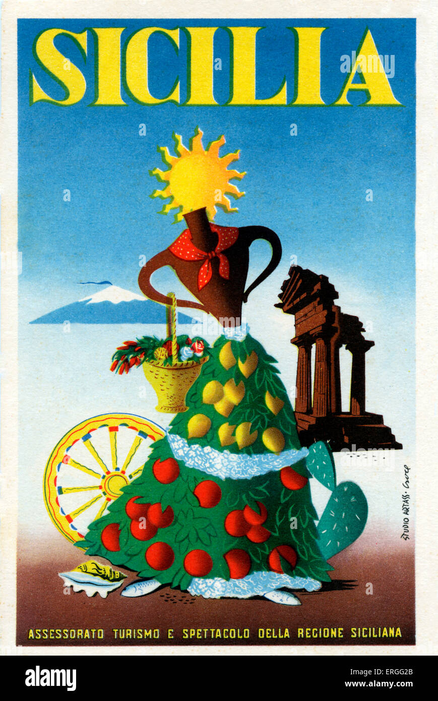 Sizilien - Tourismus Postkarte vom Ministerium für Tourismus und Sehenswürdigkeiten der Region Sizilien (Assessorato Turismo e Spettacolo della Stockfoto