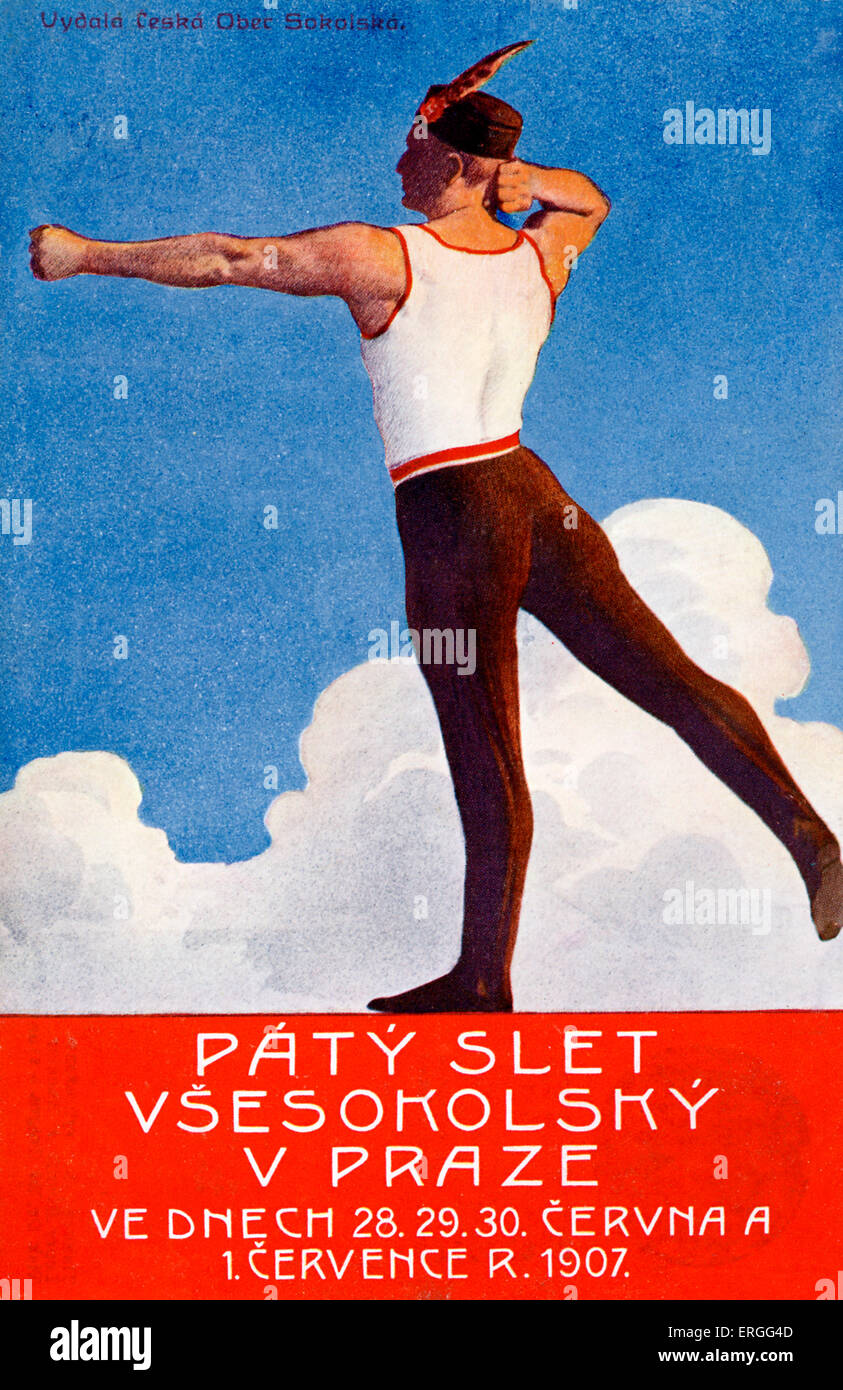 Tschechische Werbung für Sokol Slet, 1907. In Prag statt, 28. Juni - 1. Juli 1907. Sokol ist eine Jugend Sport und Gymnastik Stockfoto