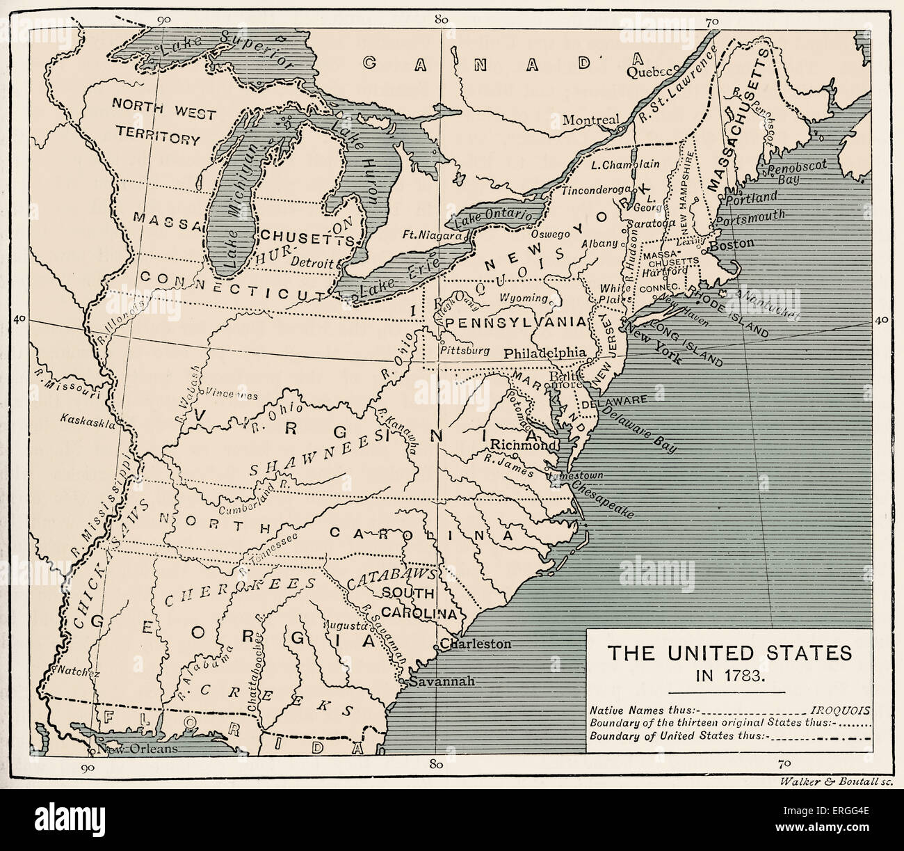 Karte von USA nach der Unabhängigkeit, 1783. Dreizehn Gründungsmitgliedern, nationale Grenze und gebürtige amerikanische Ortsnamen angezeigt. Stockfoto