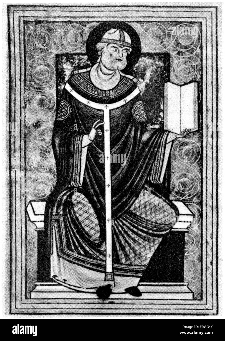 Papst Gregory I - Miniatur aus dem lateinischen Handschrift. Papst von 3 September 590 bis zu seinem Tod. Besser bekannt als Gregor der große, Stockfoto