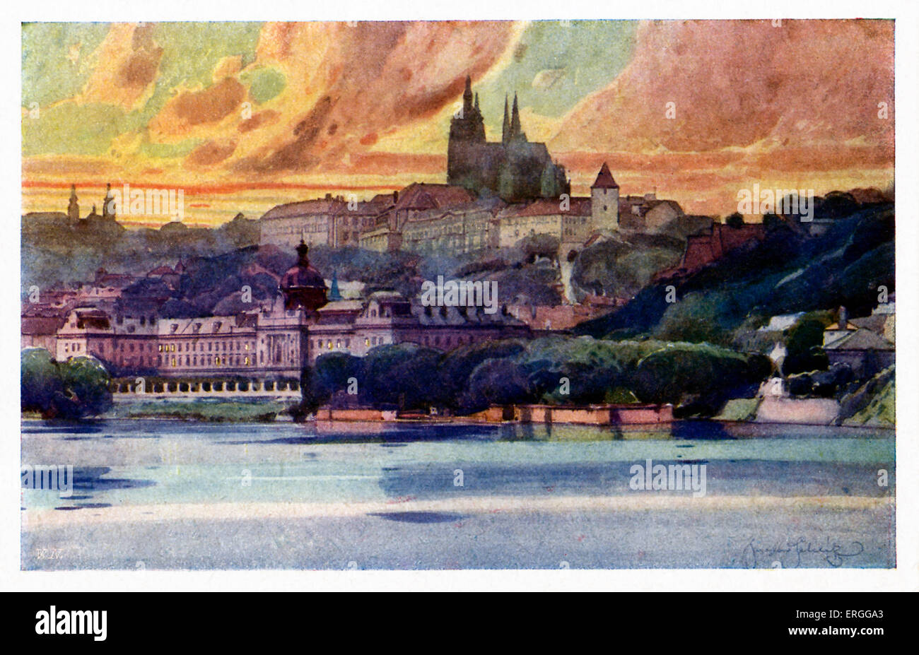 Prag: Burg und Straka Akademie ("Strakova Akademie S Pozadim Hradu"). Anfang des 20. Jahrhunderts Postkarte. Stockfoto