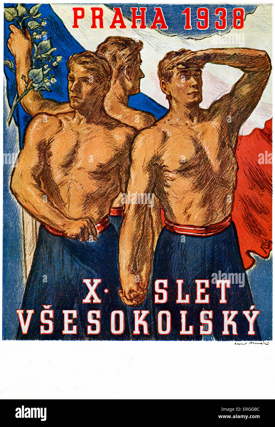 Tschechische Werbung für Sokol Slet, 1938.  In Prag statt.  Sokol ist eine Jugendbewegung Sport und Gymnastik. Stockfoto