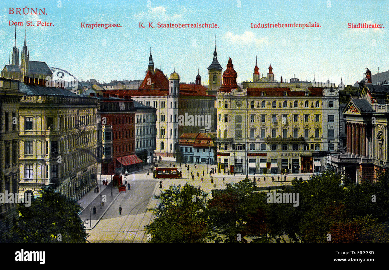 Brünn, 1911. Gebäude im Bild, von links nach rechts: St.-Peter Kathedrale, Krapfengasse (Gasse), staatliche Gymnasium, Palast der Stockfoto