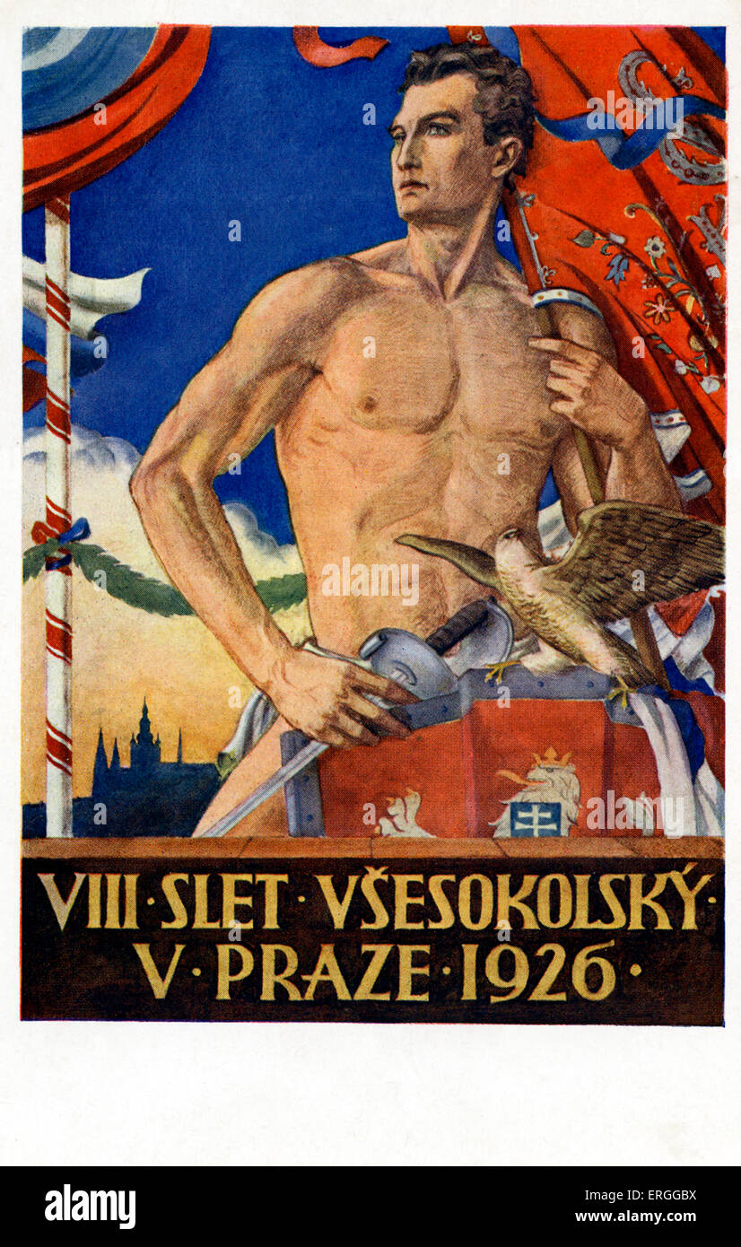 Tschechische Werbung für 8. Sokol Slet, 1926.  Sokol ist eine Jugendbewegung Sport und Gymnastik. Zeigt einen jungen tschechischen Mann mit einem Stockfoto