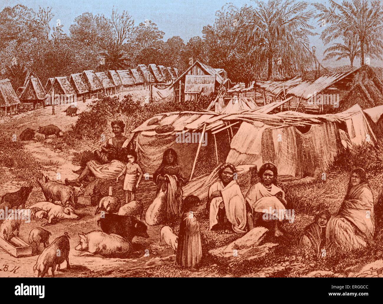 Panama-Dorfes und seiner Bewohner, Südamerika c. 1880 s. Bildunterschrift lautet: die Einheimischen und ihre Häuser in einem Panama-Dorf. Stockfoto