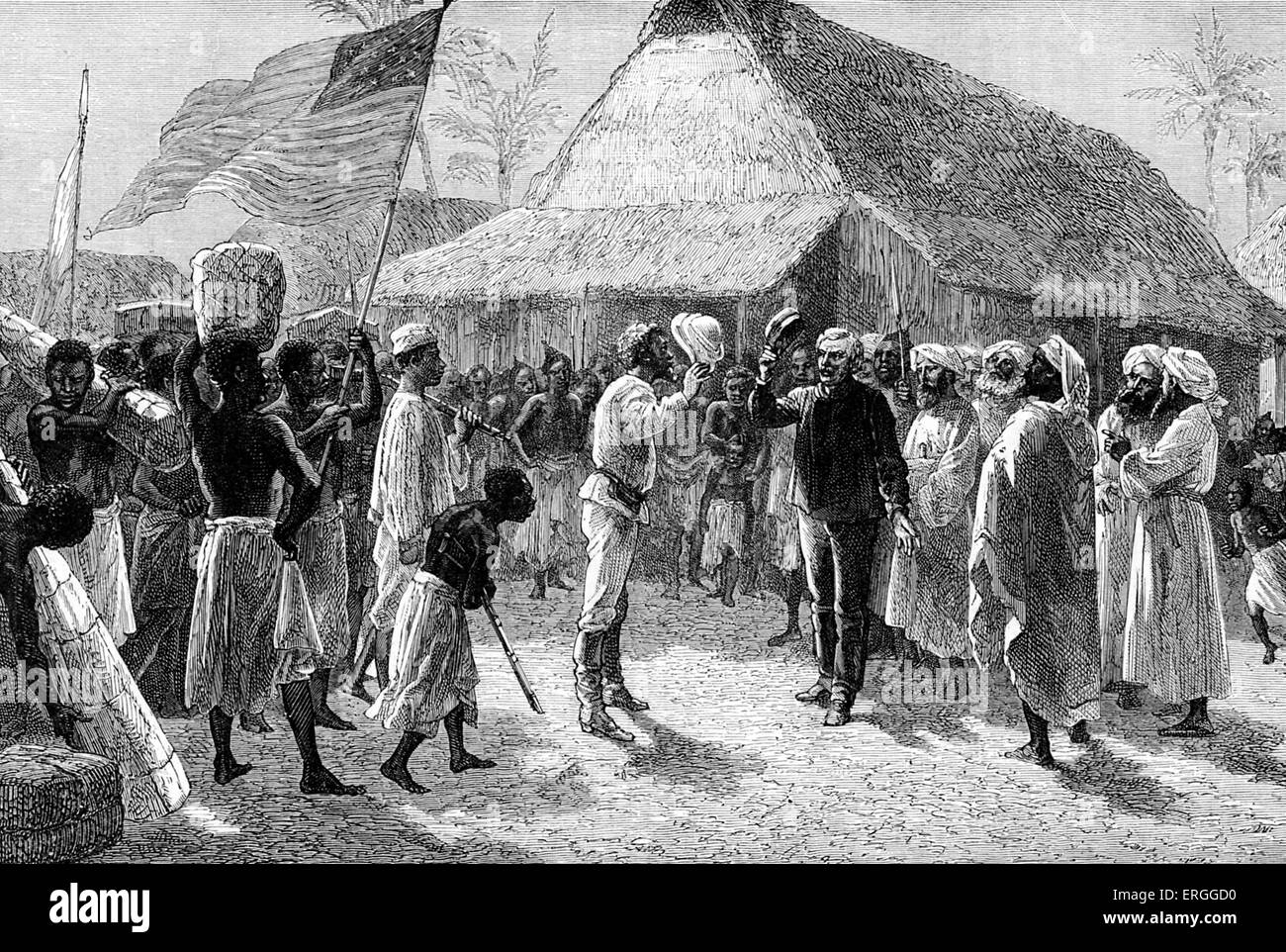 Stanley Livingstone in Dorf von Ujiji am Ufer des Lake Tanganjika, Sansibar, 28. Oktober 1871 zu finden. " Dr. Livingstone. Ich Stockfoto
