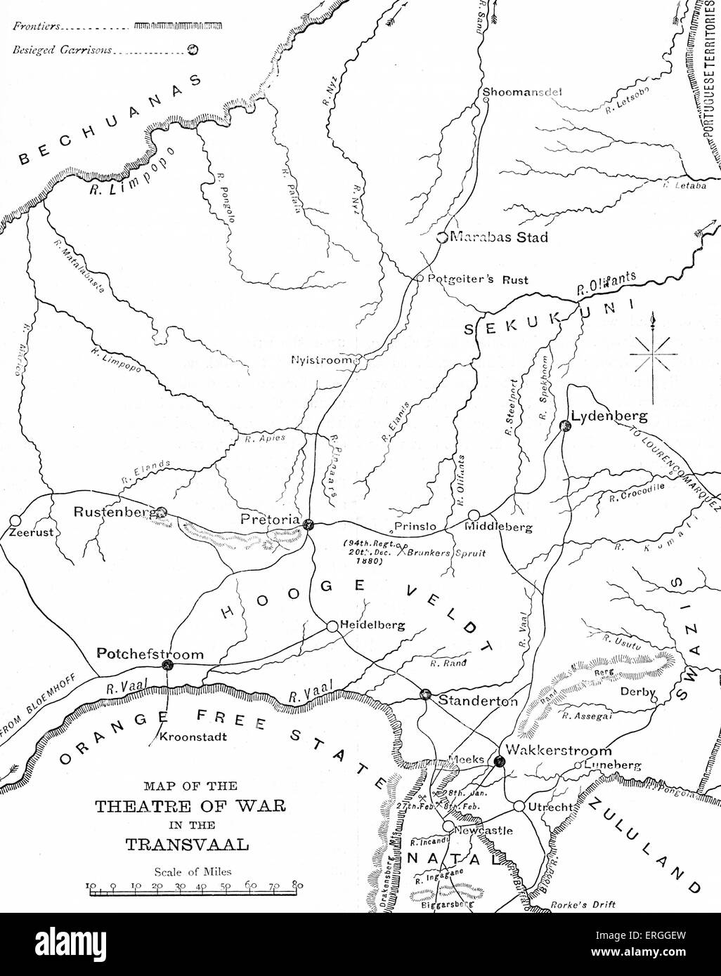 Der erste Anglo-Boer-Krieg (1880 – 1881): Karte des Theaters des Krieges in Transvaal (Südafrika). Aufstand der Buren (weiß Stockfoto