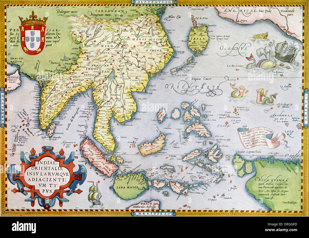 Karte von Ostindien und angrenzenden Inseln im "Theatrum Orbis Tearrarum" von Abraham Ortelius 1570. Stockfoto